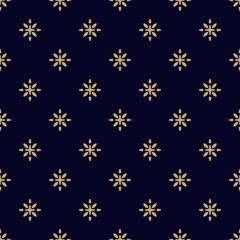 Luxury golden vector seamless pattern with floral ethnic motif. Black and gold geometric ornament. Abstract minimal background texture with simple flower silhouettes, snowflakes. Repeated geo design