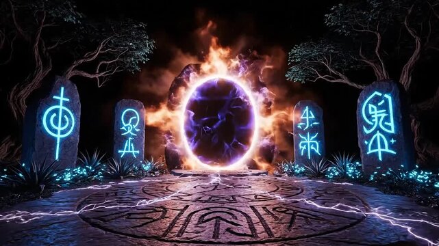 Mysterious glowing portal in a dark forest surrounded by ancient rune stones