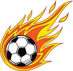 Fototapeta premium Dynamic illustration of a classic black and white soccer ball engulfed in bright energetic orange and yellow flames conveying speed and intensity on a white background