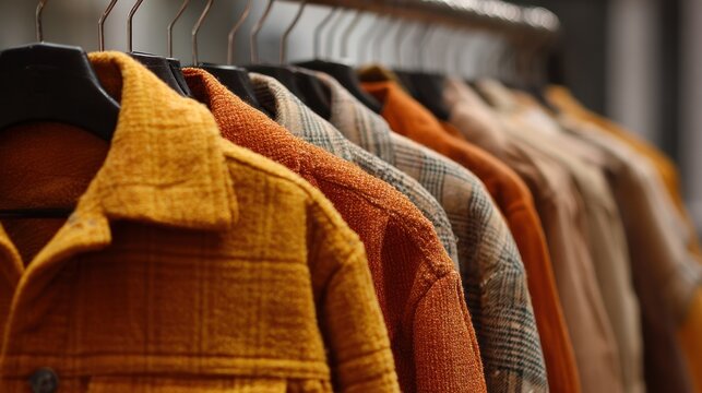 Textured Autumn Jackets in Warm Earth Tones Hanging on a Rack