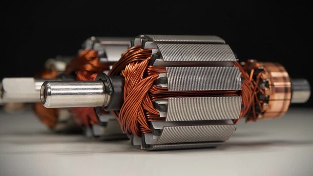 Rotors or armatures of electric motors with copper coils from small household appliances, namely from two percussion massagers and kitchen blender. Three rotors lies on white table