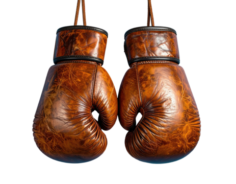 Two antique, worn leather boxing gloves hang against a solid black background