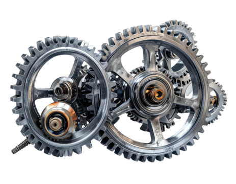A detailed close-up illustration of multiple interlocking metallic gears on a black background