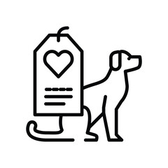 A line art depiction of a dog standing near a tag with a heart on a sledlike structure