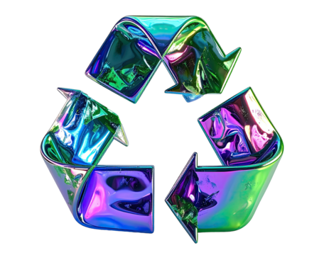 3D-rendered recycle symbol with vibrant, iridescent, multi-colored metallic textures