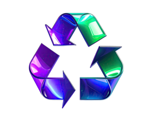 Glossy, three-arrow looping symbol, green to purple gradient, against a black background