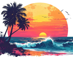 Vivid digital art piece showing a sunset over an ocean with palm trees on the left