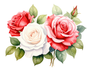 Watercolor depiction of three roses in shades of red and white, surrounded by green leaves
