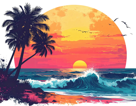 Vivid digital art piece showing a sunset over an ocean with palm trees on the left