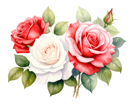 Watercolor depiction of three roses in shades of red and white, surrounded by green leaves