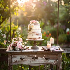 Elegant tiered cake, flowers, candles on rustic table in sunny garden