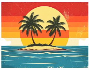 Vintage-style illustration of a tropical island scene with palm trees, sun, and ocean waves