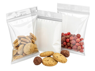 Blank packaging bag mockup isolated on transparent background, empty product pouch template ideal for snacks supplements or cosmetics, realistic foil or plastic package design for branding, food