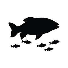 Silhouette of a large fish followed by several smaller fish swimming together, fish chasing smaller fish silhouette vector illustration