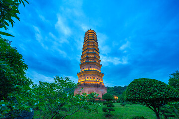Bai Dinh Pagoda, Ninh Binh, the biggest buddhist temple complex in Vietnam, tourist religious travel destination. Scenic karst landscape.