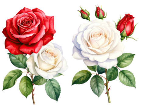 Two floral arrangements featuring red and white roses with green leaves and buds