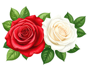 Naklejka premium A vibrant illustration of two roses, one red, one white, surrounded by lush green leaves