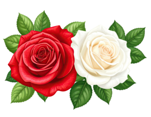 A vibrant illustration of two roses, one red, one white, surrounded by lush green leaves
