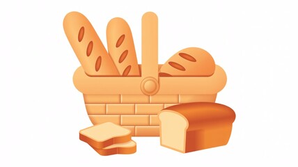 Fresh baked bread loaf baguette in basket bakery products food illustration