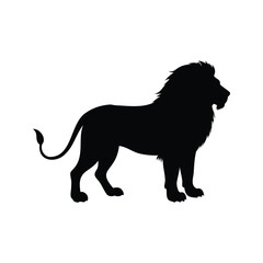 Silhouette of a majestic lion standing proud against a bright white background, lion facing forward silhouette vector illustration