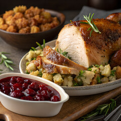Delicious roasted turkey with stuffing and cranberry sauce on festive table
