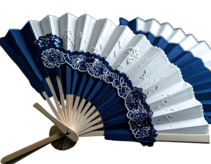 Elegant folded hand fans in shades of white and deep blue, featuring delicate lace trim