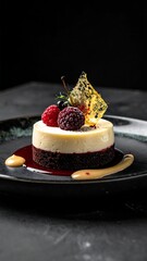 Elegant two-layered dessert on a dark plate, garnished with berries and sugar