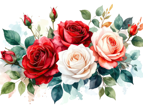Watercolor illustration depicts assorted roses and buds, with leaves, soft light and a vignette
