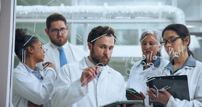 Communication, collaboration or scientist with glass board in lab, formula or solution to test pharma drug. Teamwork, brainstorming or people with equation to study medicine, ideas or plan for answer