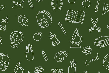 Hand drawn school supplies in doodle style on green background