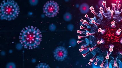Closeup 3d illustration of a coronavirus particle with spikes, representing a virus or pathogen in a dark, abstract background with bokeh effect - Powered by Adobe