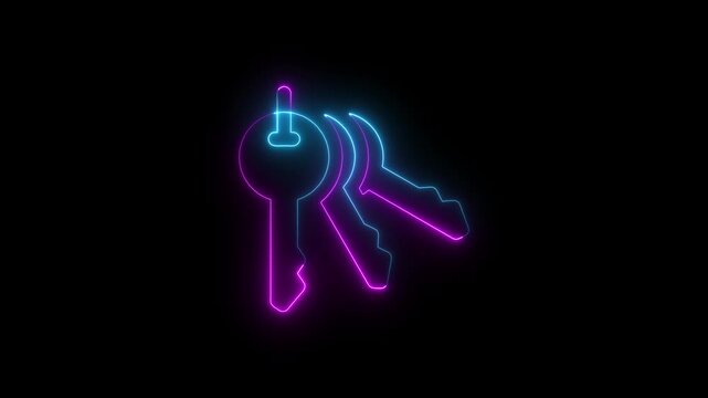 Neon Animated Keys Icon Glowing Keyring & Security Symbol Loop. A bright neon keys icon representing access, security, ownership, perfect. 4k motion video. Futuristic technology key glowing animation.