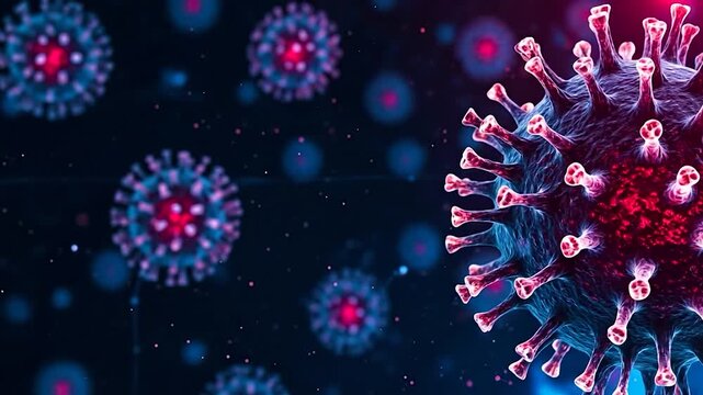 Closeup 3d illustration of a coronavirus particle with spikes, representing a virus or pathogen in a dark, abstract background with bokeh effect