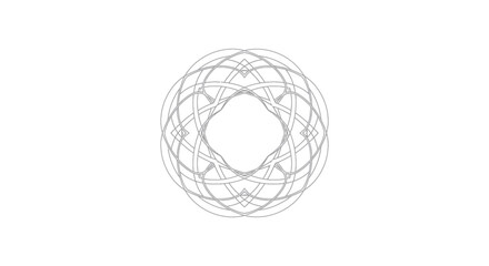A symmetrical, complex, grey circular design with interwoven lines and a central, open shape