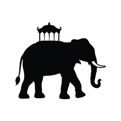 Silhouette of a majestic elephant with an ornate gazebo on its back, elephant with howdah riding platform silhouette vector illustration