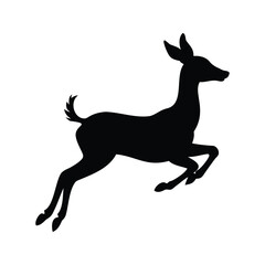 Black silhouette of a jumping deer gracefully bounding on a white background, fawn leaping silhouette vector illustration