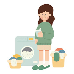 Flat cartoon vector illustration of a woman doing laundry at home. Household and lifestyle concept showing cleaning and washing activity in minimal flat design style.