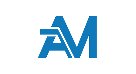 A modern, blue, abstract design on white background featuring intertwined letters "A" and "M