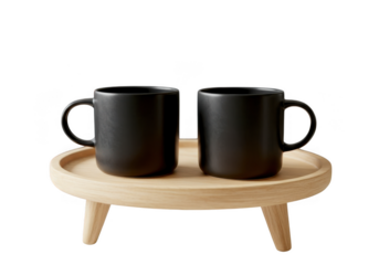 Two matte black ceramic coffee mugs resting on a light wood tiered stand isolated on transparent background