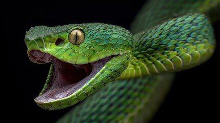 Fototapeta premium Emerald Green Viper Snake with Open Mouth, Dramatic Close-Up, Black Background.
