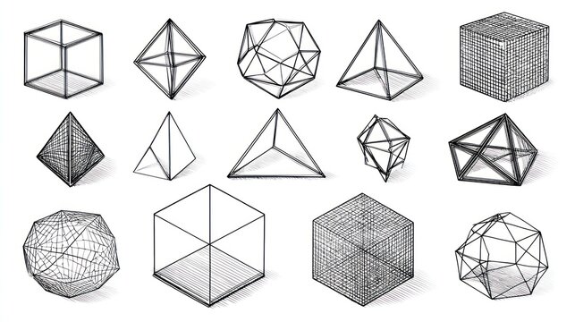 Hand-Sketched Geometric Polyhedra Collection in Isometric Wireframe Style with Hatching.