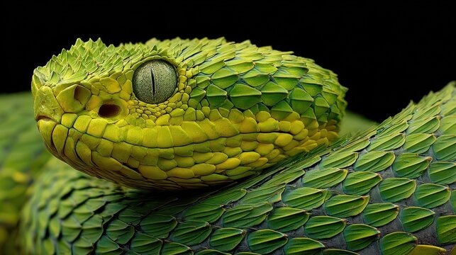 Vivid Green Bush Viper's Intense Gaze and Intricately Keeled Scales