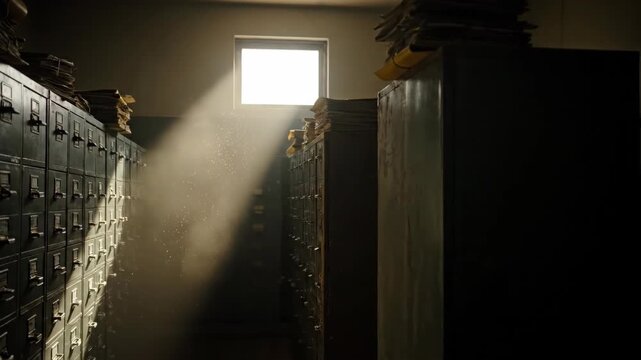 Dusty archive room with filing cabinets illuminated by a sunbeam through window, searching for old document, investigation footage.