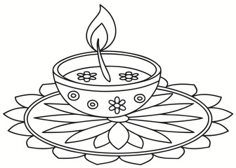 Diwali Celebration Intricate Rangoli Design with a Lit Diya in Black and White silhouette detailed line