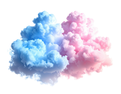 Digitally created graphic features two puffy clouds, one blue, one pink, against a black background