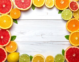 A vibrant flat lay features a wooden surface bordered by a colorful assortment of halved citrus fruits and interspersed greenery