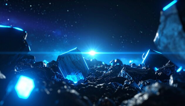 A breathtaking celestial scene with radiant cosmic blue light illuminating celestial bodies. The focal point is a dazzling light source surrounded by celestial objects.