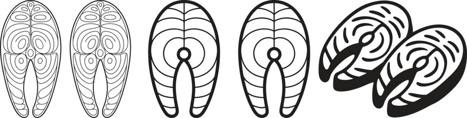Illustration of salmon fish steaks and fillets in a row