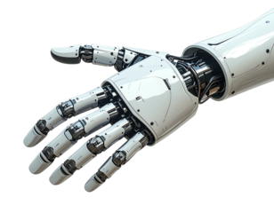 A robotic arm, metallic and white, with intricate internal mechanics exposed