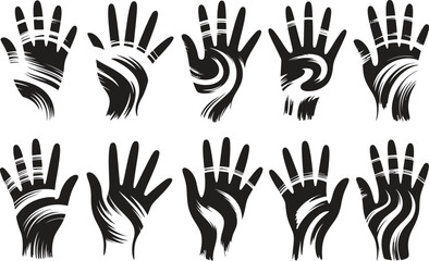 Collection of stylized black handprints with brush stroke textures